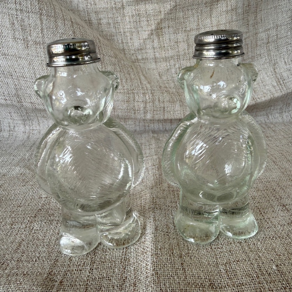 Vintage Teddy Bear Salt & Pepper Shakers Set Clear Glass 4" Retro Metal Lids